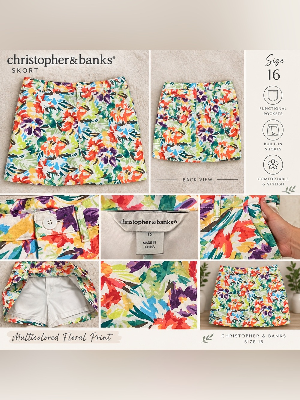 Christopher & Banks Multicolor Floral Skort - Bright Floral Size 16